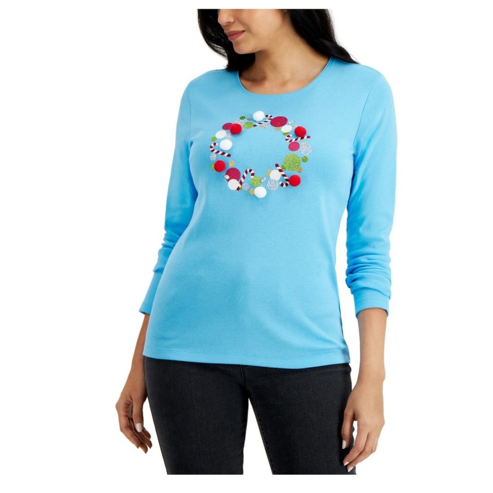Karen Scott Pom Pom Wreath Holiday Top Clear Skies Blue Size Medium MSRP $37